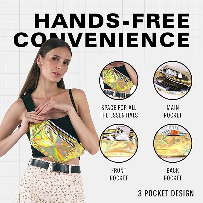 Holographic Fanny Pack Belt bag - Crossbody Waist Bag for Men or Women - Hands-Free, Waterproof Large Bumbag for Hiking, Running, and Travel (Gold)