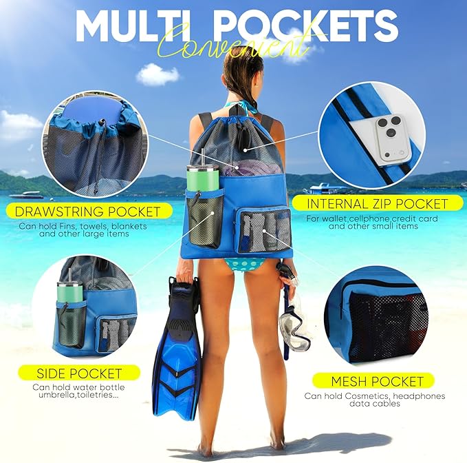 HOHOM Swim Mesh Beach Bag, Waterproof Gym Bags for Women and Men, Large Pool Bag Swimming Gear Drawstring Backpack