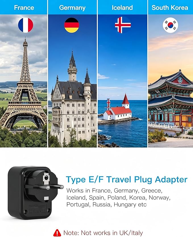 Type E/F Europe Travel Plug Adapter, HANYCONY US to Germany France Spain South Korea Iceland, 5-in-1 European Power Adapter for Greece Norway Russia Portugal & More, 2 Outlets 3 USB Ports(2 USB C)