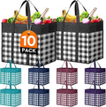 WISELIFE Reusable Grocery Shopping Bags 10 Pack Large Foldable Tote Bags Bulk, Long Handle for Shopping Groceries Clothes (Plaid C)