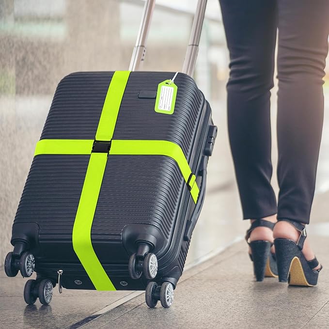 8 Pack Luggage Straps and Tags Set - 4 Straps, 4 Tags, TSA Approved Suitcase Belt, Green