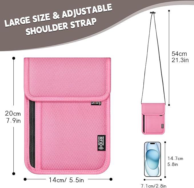 Likesing 5.5" L x 7.9" W Travel Neck Wallet, RFID Blocking Passport Holder for Travel Women Men, Security Lightweight Travel Wallet, Neck Passport Pouch Gifts for Traveling(Pink)
