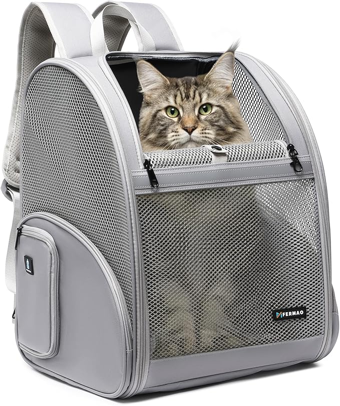 Pet Backpack Carrier ，Large Cat Carrier Backpack Up to 20 Lbs with Breathable Mesh, for Medium Large Cats or Small Dogs, Travel Hiking Camping Backpack (Gray-XL)