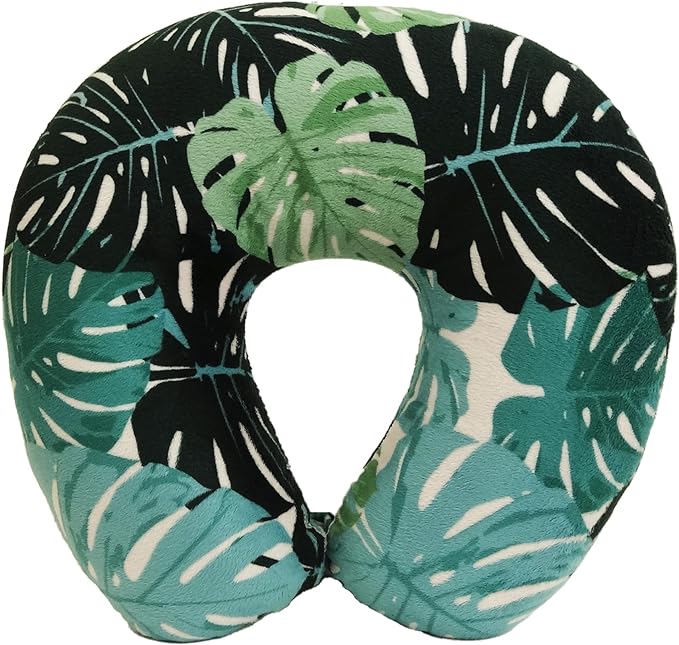 Wolf Essentials Adult Cozy Soft Microfiber Neck Pillow for Travel – Compact, Machine Washable - Perfect for Airplane, Car, or Home Use - Filled and Finished in the USA – Monstera Leaf
