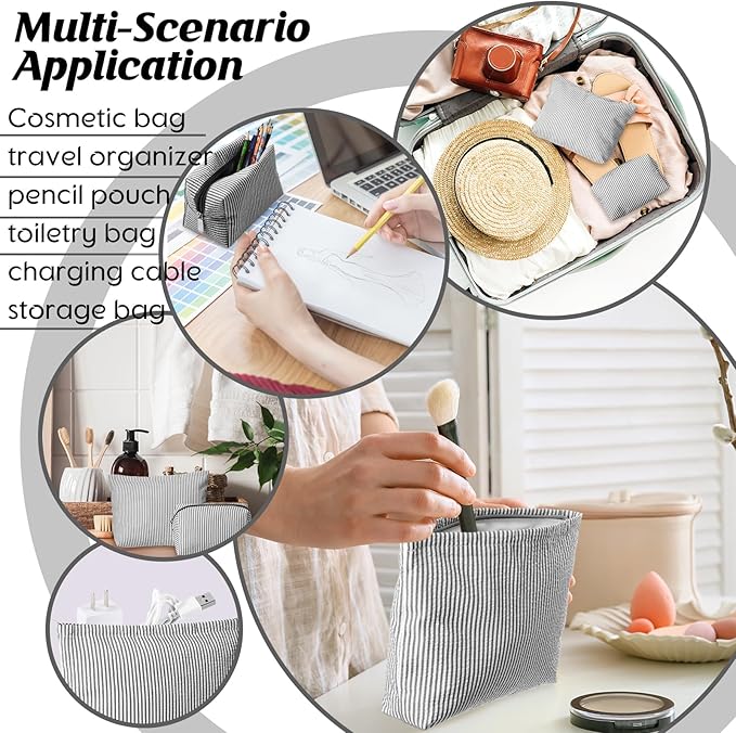 Huhumy 2 Pcs Makeup Bag Set Cute Cosmetic Pouch for Women Seersucker Travel Toiletry Bag Preppy Small Makeup Purse Pouch Aesthetic Skincare Brushes Storage Organizer for Valentine Women(Black)