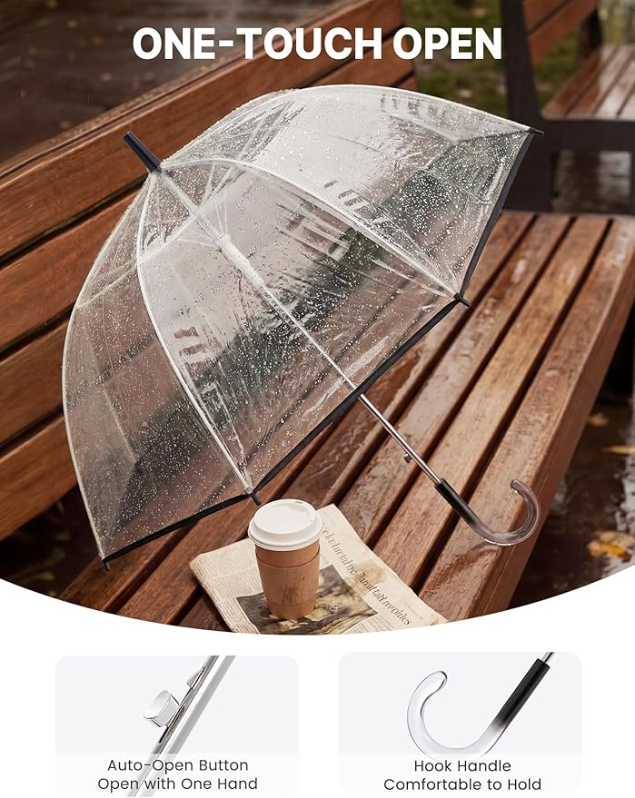 G4Free 52 inch Clear Bubble Umbrella, Large Canopy Transparent Dome Coverage Stick Umbrella, J Hook Handle European Style for Weddings,Prom,Graduation and Outdoor Events