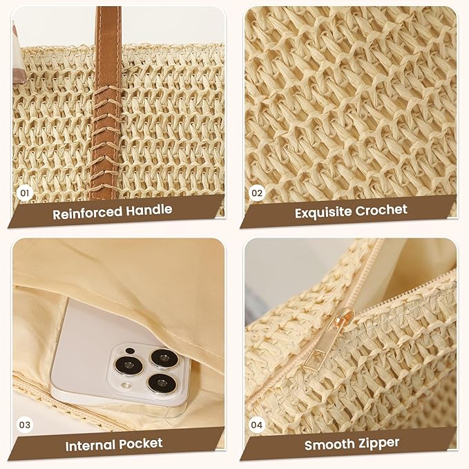 Trifabricy Beach Bags for Women, Large Straw Beach Bag, Beach Tote Bag Shoulder Handbags, Straw Bag Beach Purse for Summer