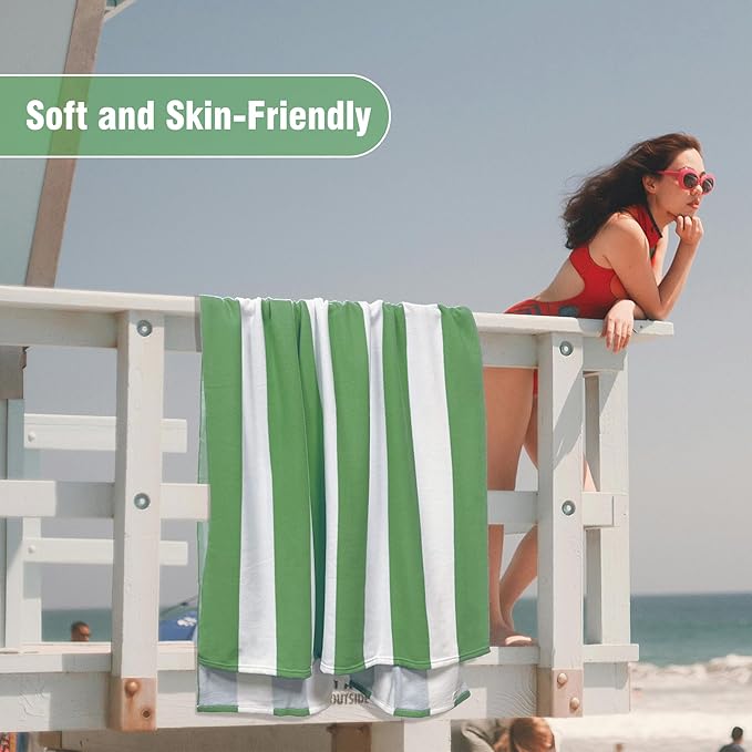 HENBAY Large Oversized Beach Towel - 35 x 70 Inch Microfiber Pool Towel, Green Striped Quick Dry Cabana Swim Towel