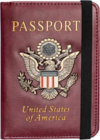 Passport Holder and Card Slot Combo RFID Blocking Leather Travel Passport Wallet for Men and Women US Passport Cover, Wine Red