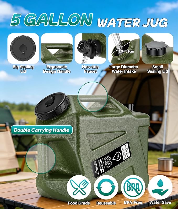 Portable Shower for Camping with 5-Gallon Water Jug, 6000mAh Rechargeable Outdoor Camping Shower Kit, IPX8 Waterproof Pump, Easy to Store for Hiking, Beach, 5-Mode Shower Head