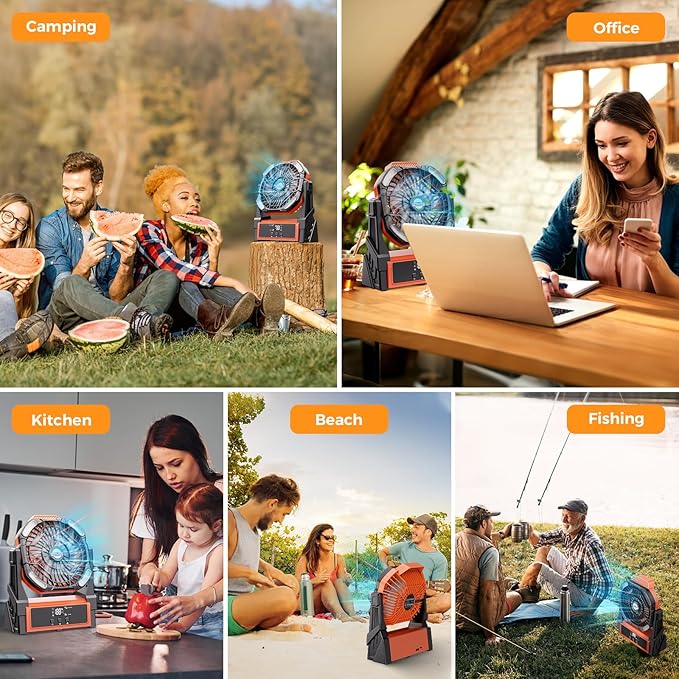 Camping Fan Rechargeable, Battery Powered Fan with Lights, Outdoor Beach Tent Fans, 4 Speed, Adjustable Brightness for Picnic, Barbecue, Fishing, Office, Home
