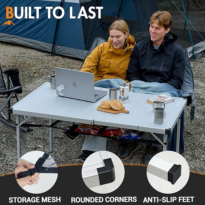 Portal Camping Table with Expandable Tabletop, 37" to 51.2" Adjustable Length Aluminum Folding Table, Large for 2-6 Person, Design with Storage Mesh & Carry Bag for Car Camping, Backyard, Tailgating