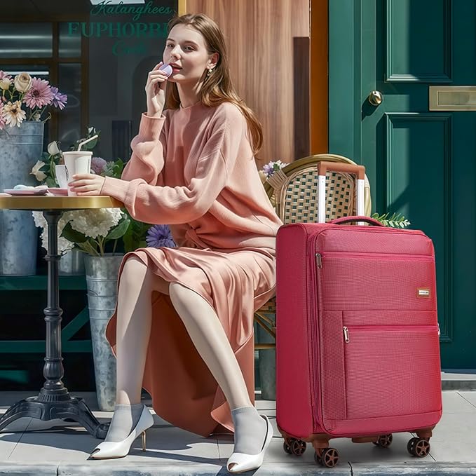 Softsied Suitcases 4 Piece Luggage, Polyester with Spinner Wheels and Lock, Suitable for Carrying Around and for Travel, Unisex, Rose Red