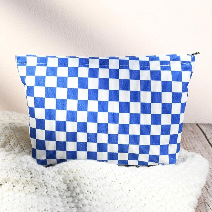 SOIDRAM 2 Pcs Checkered Makeup Bag Large Cosmetic Bag Toiletry Bag Makeup Pouch Travel Bag Organizer Cute Makeup Brushes Aesthetic Accessories Storage Bag for Women Royal Blue