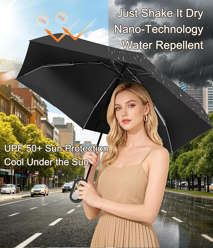 Mini Travel Umbrella with Carabiner Handle UPF 50+ Sun & Rain Protection Portable Manual Open Close Windproof Umbrella Small Compact Portable Parasol for Commuter Kids Women Men