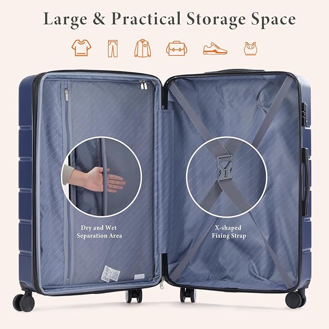 Sweetcrispy Carry on Suitcase Set, Luggage with Spinner Wheels, Hard Shell ABS, TSA Lock, Navy Blue, 3-PCS Set (20/24/28 inch)