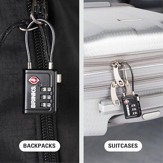 Brinks TSA Accepted Indicator Luggage Lock, Black - Resettable 3-Dial Combination, 1.5 inch Long Cable Shackle, New More Secure TSA008 Key, 4 Pack