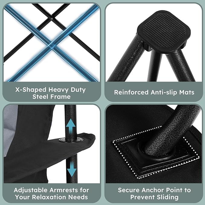 Colegence Oversized Folding Camping Chairs - 450 LBS Support Heavy Duty Camp Chair with Padded Cushion, Portable Outside Chairs with Carry Bag，Cooler, Cup Holder for Outdoor, Lawn, Sports - Black