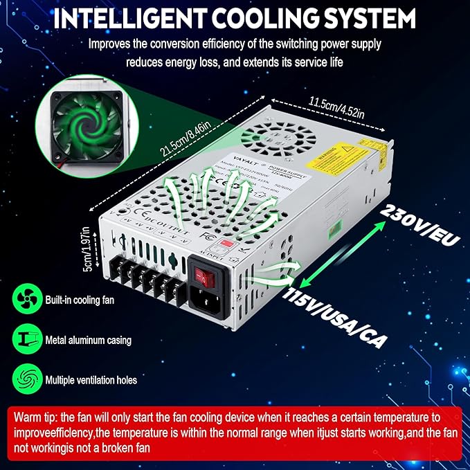 VAYALT DC 12V 50A 600W Switching Power Supply, 110V/220V AC to DC Converter, Universal Regulated Switching, 12V Power Supply for CCTV Camera System, 3D Printer, LED Strip, Computer Project