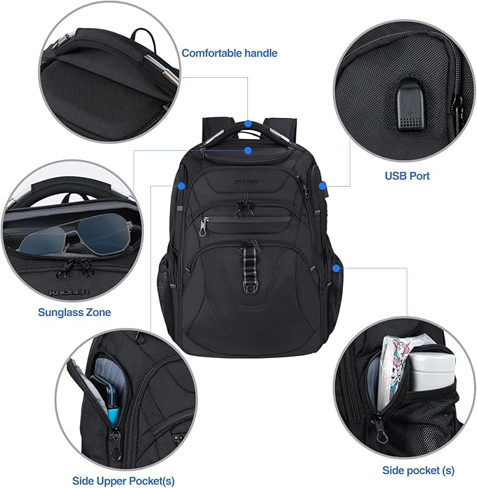 KROSER TSA Friendly Travel Laptop Backpack 18.4 inch XXXL Gaming Backpack Water-Repellent College Daypack Business Backpack with RFID Pockets & USB Port for Men/Women-Black | TSA Friendly