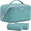 BOYATU Travel Makeup Bag Cosmetic Bags for Women: Large Capacity 3 Pcs Set Make up Bag with Compartments - Waterproof Vegan Leather Toiletry Organizer Bags with Handle (M-75Blue)
