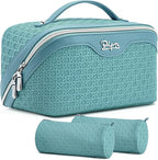 BOYATU Travel Makeup Bag Cosmetic Bags for Women: Large Capacity 3 Pcs Set Make up Bag with Compartments - Waterproof Vegan Leather Toiletry Organizer Bags with Handle (M-75Blue)