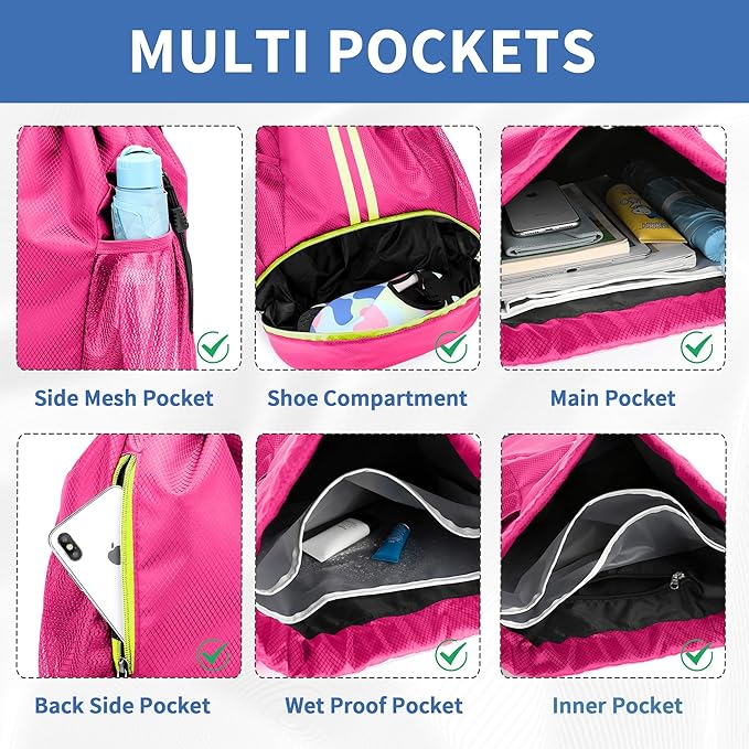 JELUTAR Drawstring Backpack Gym Bag with Shoes Compartment for Soccer, Basketball, Swim, Water-Resistant String Backpack Beach Cinch for Women Men, Rose