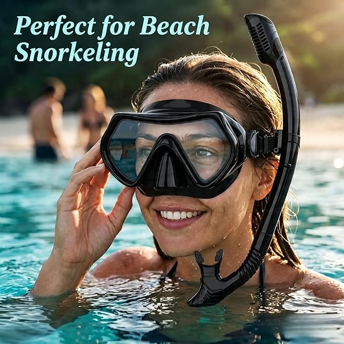 Snorkeling Gear for Adults, JRing Snorkel Mask Set with 180 Degree Tempered Glass Anti Fog Goggles Scuba Dry Top Snorkel for Swimming, Scuba Diving Mask for Men Women