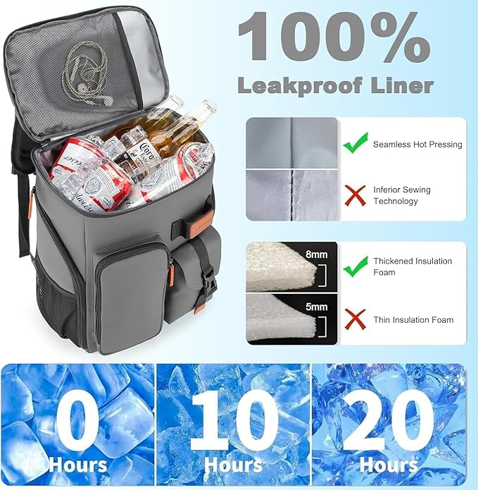 BAGPARKK Insulated Cooler Backpack,33/45 Cans Multifunctional Double Deck Leakproof Cooler Bag with Sternum Strap,Large Capacity Lightweight Travel Camping Beach Backpack