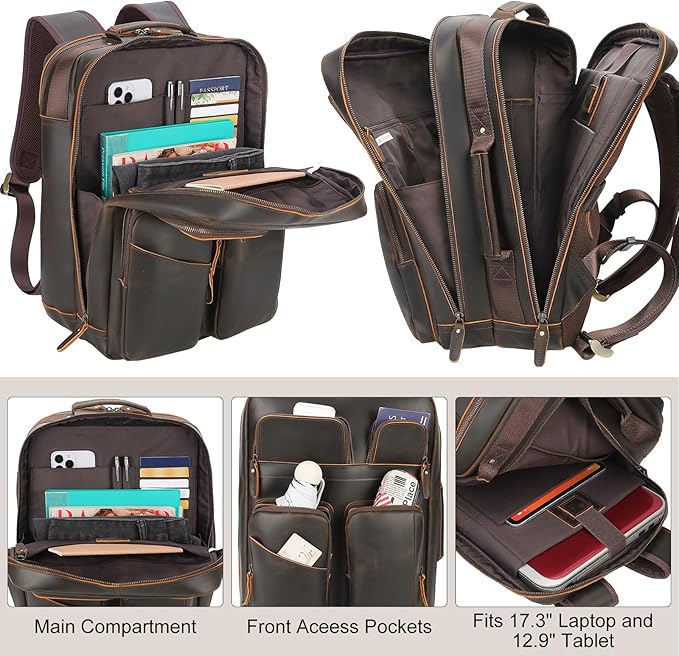 TIDING 17.3" Full Grain Leather Laptop Backpack for Men Multi Pockets Casual Daypack Business Travel Rucksack