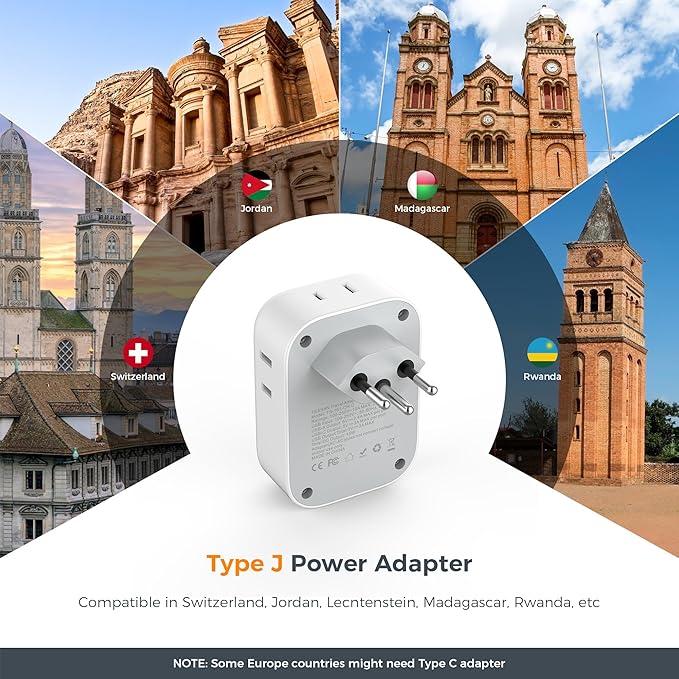 Switzerland Travel Plug Adapter 2 Pack, TESSAN Type J Adaptor with 4 Outlets 3 USB Charging Ports(1 USB C PD 20W), Swiss Travel Plug for US to Switzerland, Liechtenstein, Rwanda