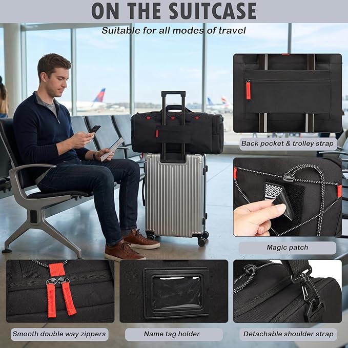 Gym Bag for Men and Women, 50L Extra Large Duffle Bag, 3-in-1 Travel Sports Duffel Bags with Shoe & Laptop Compartment for Overnight Weekender Gym Traveling Workout Deployment, Black+Red