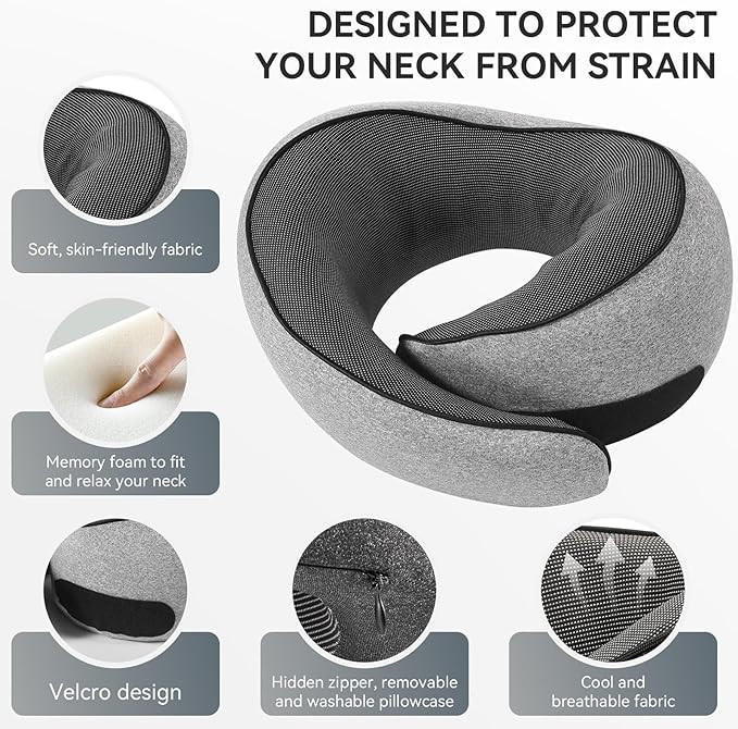 SZXYX Neck Travel Pillows - 100% Pure Memory Foam Neck Pillow for Airplanes, Comfortable Breathable Cover, 360° Support Stowable Pillows for Sleeping, Car, Airport Travel Essentials, Gray