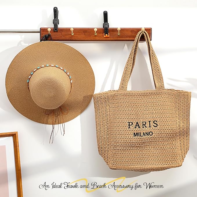Tavaleu Straw Beach Bags for Women, Large Beach Bag Summer Woven Tote Bag Travel Shoulder Handbags for Holiday