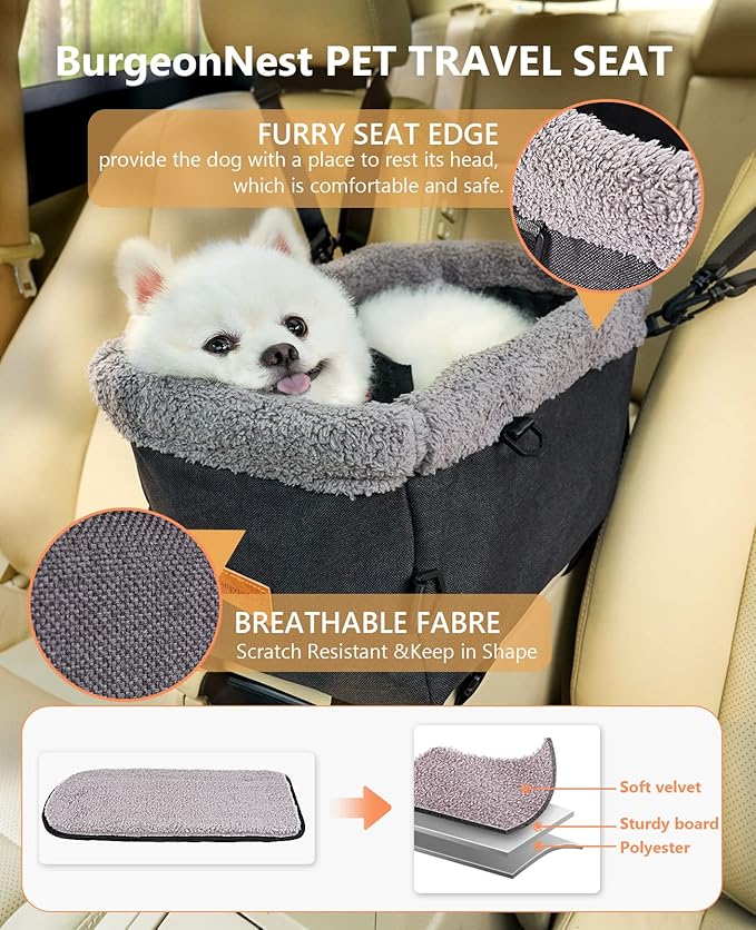 BurgeonNest Center Console Dog Car Seat for Small Dogs up to 9lbs - Sturdy Metal Frame Anti-Collapse Pet Booster Seat for Car Armrest, Dual Safety Belts & Washable Cushion, Grey