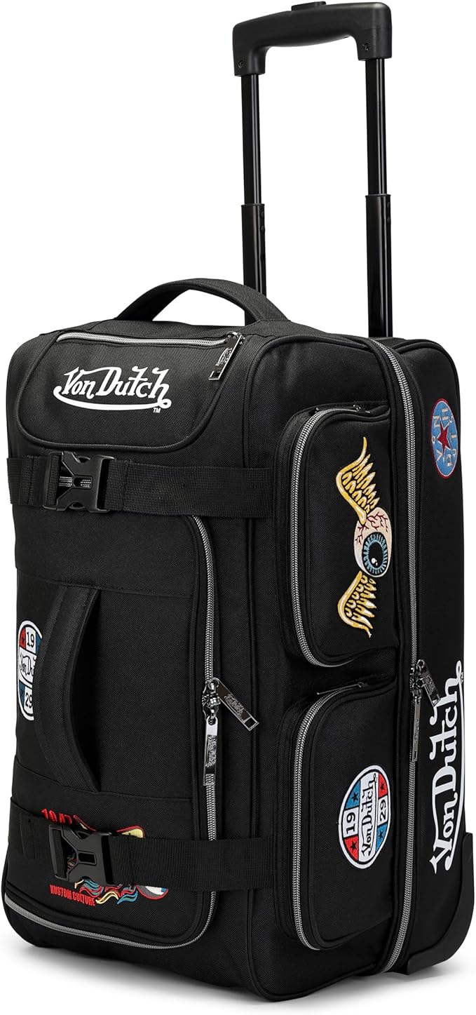Von Dutch Signature Patch Carry-On 20-Inch Rolling Duffel with Telescopic Trolley Handle and Inline Skate Wheels