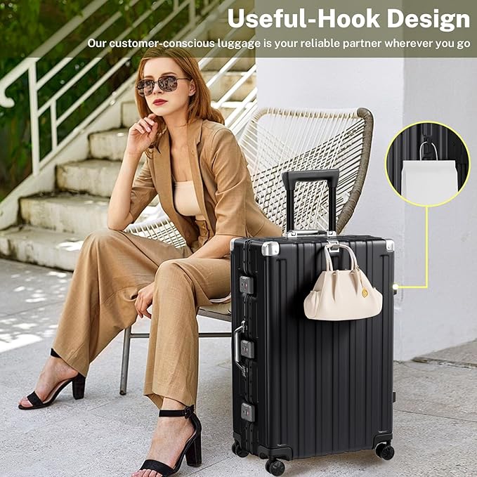 Krute Zipperless Luggage Set 2 Pieces Aluminum Frame Suitcase Sets Polycarbonate Hard Shell Luggage TSA Lock Checked Suitcase with Spinner Wheels Black