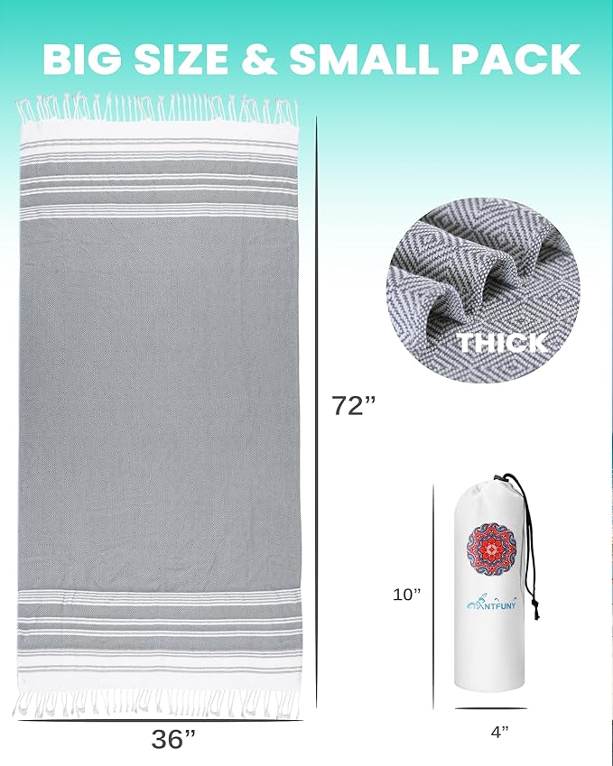 Antfuny 2 Pack Turkish Beach Towel Vacation Essentials Quick Dry Sand Free Oversized Bath Pool Swim Towel Extra Large XL Big Adult Travel Cruise Accessories Must Have Clearance Stuff Necessities Gray