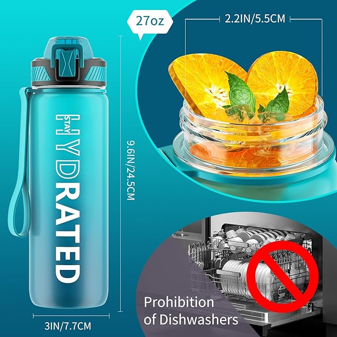 QLUR Water Bottle with Straw, 27oz Motivational Water Bottles with Time Marker to Drink, Tritan BPA Free, 750ml Sports Water Bottle with Carry Strap LeakProof for School Fitness Outdoor (1Pack)