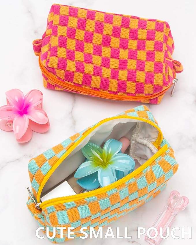PAZIMIIK 6PCS Checkered Makeup Bag for Purse Portable Zipper Make Up Pouch Small Cosmetic Case for Travel Accessories Orange Green