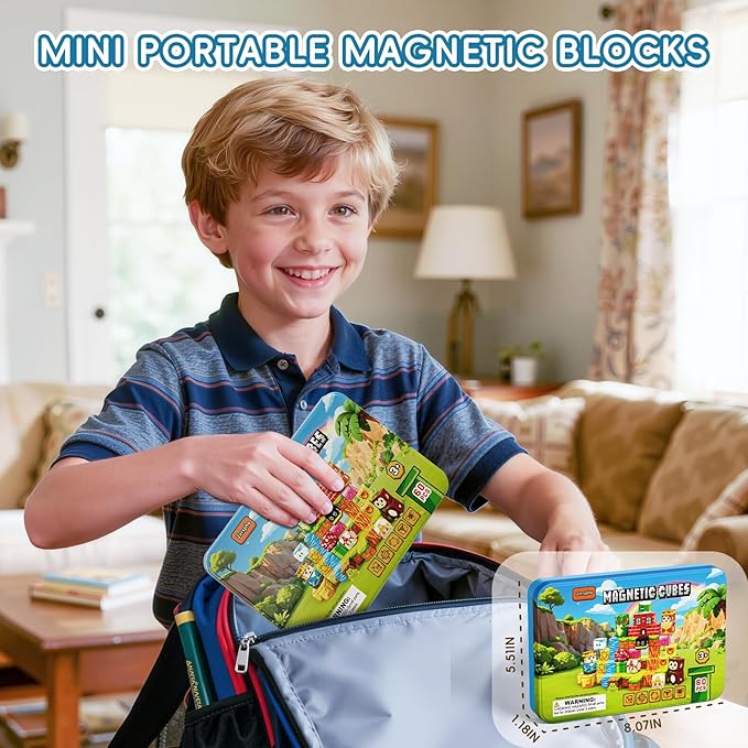 60PCS Mini Magnetic Building Cubes Set, Adventure-themed Magnetic Blocks, Portable Magnetic Travel Blocks with Iron Case, Educational Toy for Kids STEM & Construction Learning for Kids Aged 3+