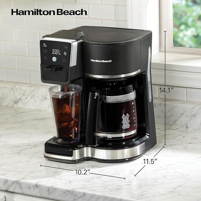 Hamilton Beach 2-Way 12 Cup Programmable Drip Hot and Iced Coffee Maker & Single Serve Coffee Machine, AquaFlow Showerhead, Glass Carafe, Auto Pause and Pour, Black (47500J)