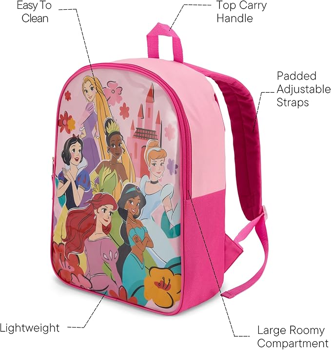 Disney Princess Backpack for Kids - Cute & Durable Kids Backpack for Girls with Padded Straps & Zip Compartment - Ideal Toddler Bookbag for School & Travel - 15”