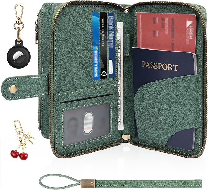 RFID Blocking Passport Wallet, Anti Theft PU Texture Passport Pouch with Tracker Case, Travel Document Organizer Zipper Wallet with Wrist Strap & Keychain, Gifts for Women and Men (Green)