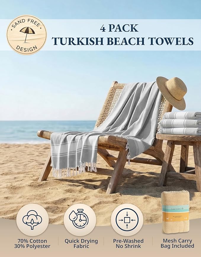 LANE LINEN Oversized Beach Towels 4 Pack – Pre-Washed, Extra Large, Quick Dry, No Sand, Absorbent Pool Towels for Adults, 39"x71", Grey