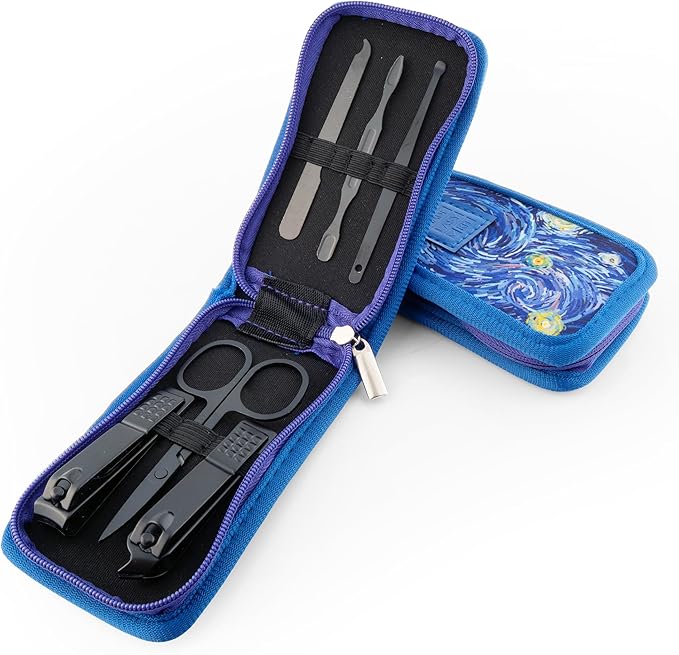 Made Easy Kit Nail Clipper Set – 7-Piece Portable Manicure & Grooming Kit Stainless Steel Tools in Neoprene Case – Stay Organized, Purse-Friendly, Travel Essential for Women & Men (Blue Starry Night)