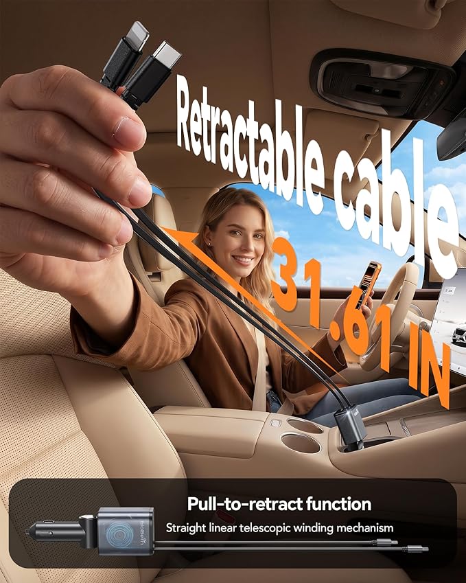 Retractable Car Charger,69W Car Phone Charger USB C Fast Charge,Cigarette Lighter USB Charger Car Accessories for Women,Road Trip Essentials Gift for Men,RV Power Adapter for iPhone 17/16/15/14,Galaxy