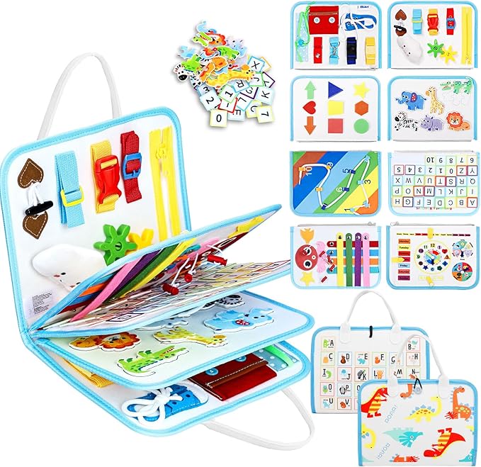 Esjay Toddler Busy Board Montessori Toys for Boys Girls, Sensory Book Educational Activities for Learning Fine Motor Skills, Birthday Gifts for Toddlers, Travel Toys for Airplane Car, White Dinosaur