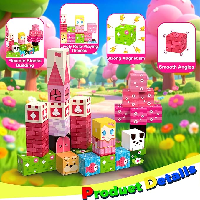 Princess Magnetic Building Blocks Travel Toys - 35PCS Magnet Cubes for Kids Ages 4-8, STEM Learning Toys, Portable Magnetic Toys Set for Toddlers 3-5, Boys & Girls，Birthday Gifts, Classroom Prizes