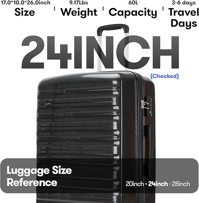 GinzaTravel 24 Inch Luggage, Hardside Suitcase with Spinner Wheels, Lightweight Hard Shell Checked Luggage, TSA Approved Lock, Black